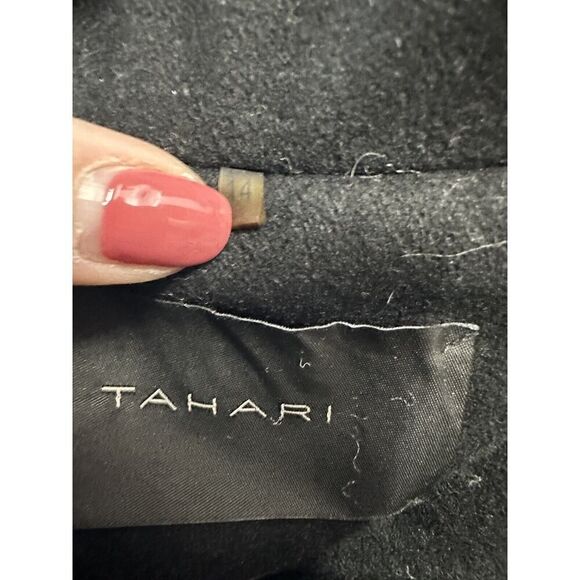 TAHARI~BLACK WOOL RUFFLE SNAP FRONT LEATHER TRIM COAT sz 14 - Picture 11 of 16